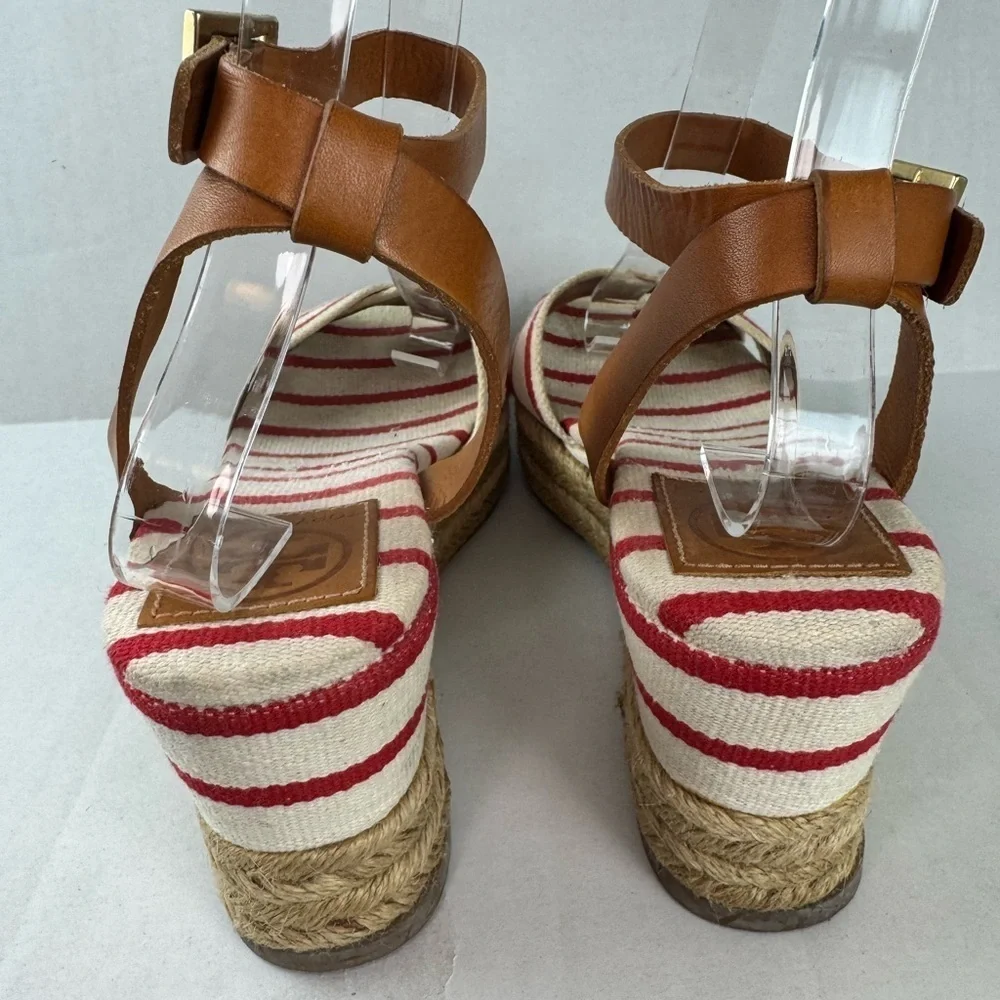 Tory Burch Red and Tan Espadrilles with Striped Design Size 9